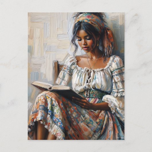 Boho Schwarze Frau liest Bohemian Postkarte (Vorderseite)