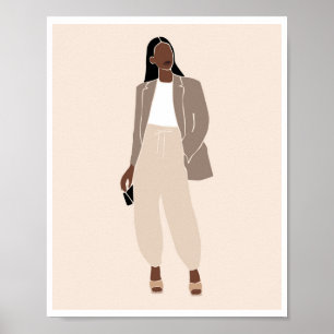 Boho Schwarze Frau Taupe Blazer Neutrales Outfit A Poster