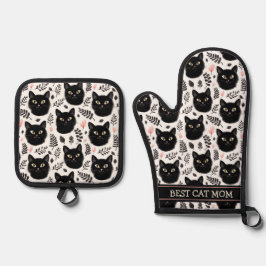 Boho Schwarze Katzen und Blätter Muster Beste Mama Ofenhandschuh & Topflappen-Set