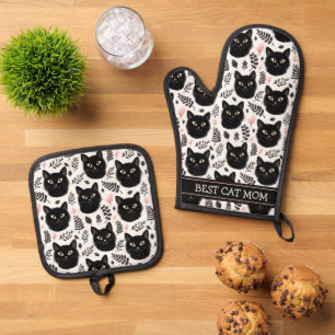 Boho Schwarze Katzen und Blätter Muster Beste Mama Ofenhandschuh & Topflappen-Set