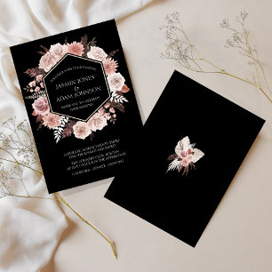 Boho Schwarzer Verstaubter Rosa Trockenblumen Kran Einladung