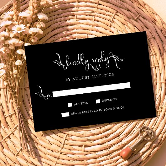 Boho Script Black Wedding Kindly Replay RSVP Cards