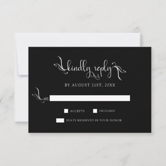 Boho Script Black Wedding Kindly Replay RSVP Cards (Vorderseite)