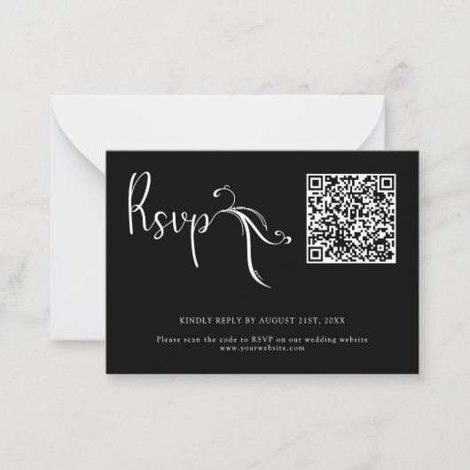 Boho Script Black Wedding QR Code Budget RSVP Card Mitteilungskarte (Vorderseite)
