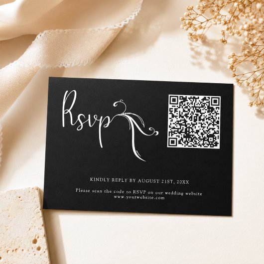 Boho Script Black Wedding QR Code Budget RSVP Card Mitteilungskarte