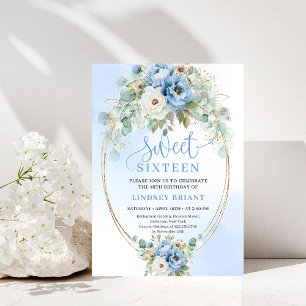 Boho Script Dusty Blue Pfingstrosen Gold Sweet Six Einladung