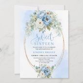 Boho Script Dusty Blue Pfingstrosen Gold Sweet Six Einladung (Vorderseite)