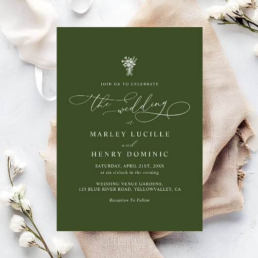 Boho-Script-Kalligrafie Oliven Grün Hochzeit Einladung