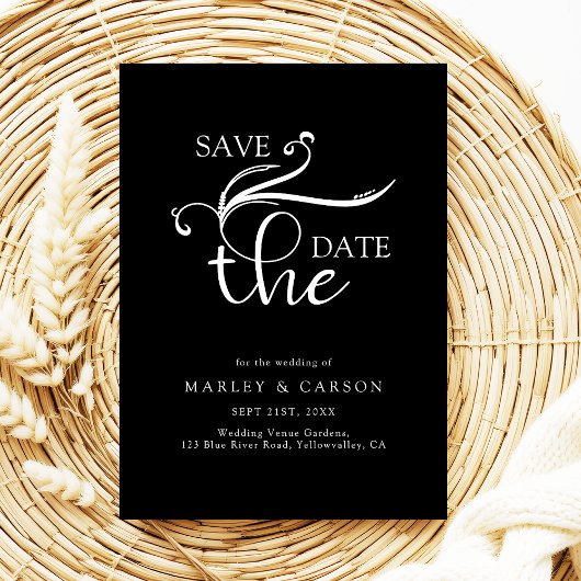 Boho-Script Minimalist Schwarze Hochzeit Save The Date