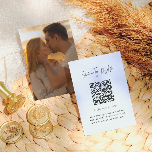 Boho Script Modern QR Code Foto Wedding RSVP Begleitkarte