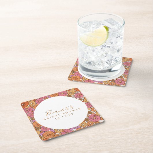 Boho Script Ochre Pink Floral Brautparty Custom Rechteckiger Pappuntersetzer (Vor Ort)