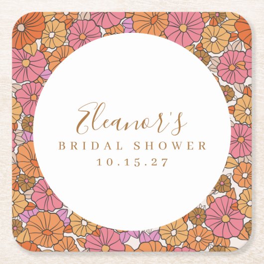 Boho Script Ochre Pink Floral Brautparty Custom Rechteckiger Pappuntersetzer (Vorderseite)