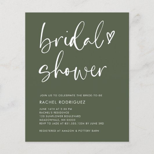 Boho Script Olive Green Brautparty Invites (Vorderseite)