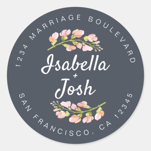 Boho Script Pink Floral Wedding Rücksendeadresse Runder Aufkleber (Vorderseite)