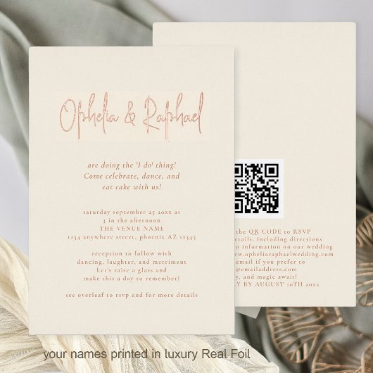 Boho-Script- QR-Code-Cream-Hochzeit-Luxus-Echt Folieneinladung