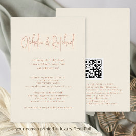 Boho Script QR Code Cream Wedding Luxury Real Folieneinladung