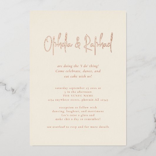 Boho Script QR Code Cream Wedding Luxury Real Folieneinladung (Vorderseite)