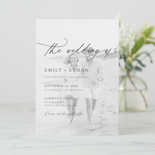 Boho Script QR Code Foto Wedding Einladung (Stehend Vorderseite)