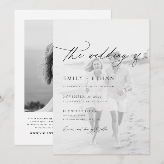 Boho Script QR Code Foto Wedding Einladung (Vorne/Hinten)