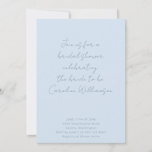 Boho Script Soft Blue Modern Bridal Shower Einladung (Vorderseite)