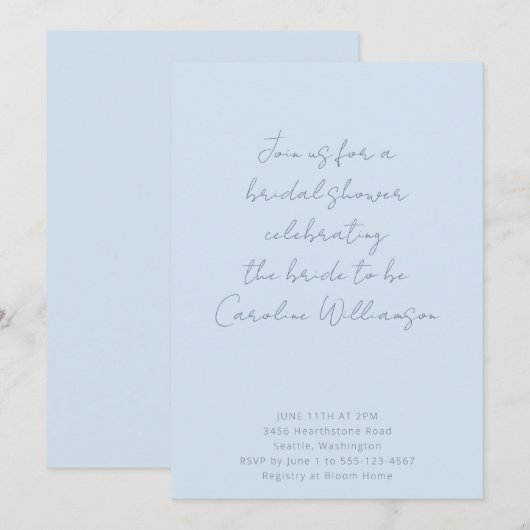 Boho Script Soft Blue Modern Bridal Shower Einladung (Vorne/Hinten)