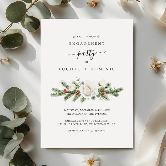 Boho Script Winter Evergreen Engagement Party Einladung