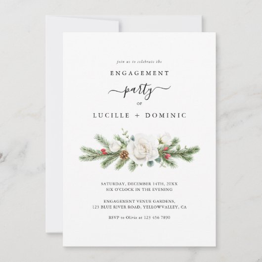 Boho Script Winter Evergreen Engagement Party Einladung (Vorderseite)