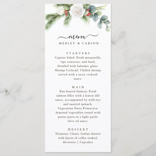 Boho Script Winter Greenery Evergreen Wedding Menükarte (Vorderseite)