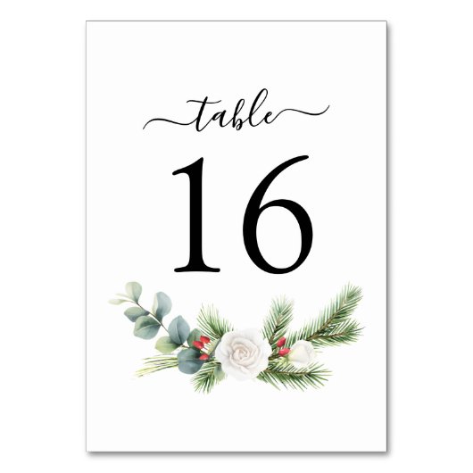 Boho Script Winter Greenery Evergreen Wedding Tischnummer (Vorderseite)