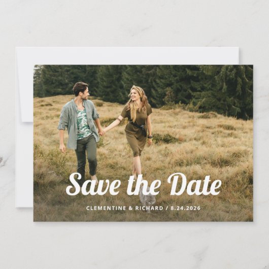 Boho Script | Zwei Foto- und QR-Code Save The Date (Vorderseite)