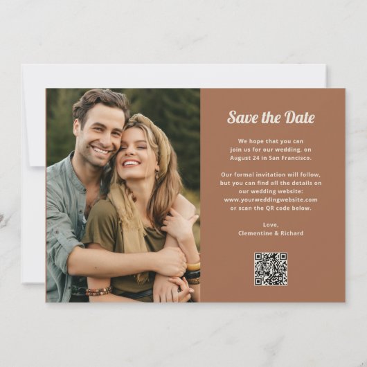 Boho Script | Zwei Foto- und QR-Code Save The Date (Rückseite)