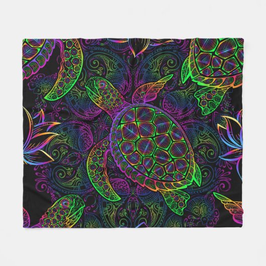 Boho Sea Turtle: Psychedelic Mandala Pattern Fleecedecke (Vorderseite (Horizontal))