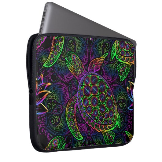 Boho Sea Turtle: Psychedelic Mandala Pattern Laptopschutzhülle (Vorne Rechts)