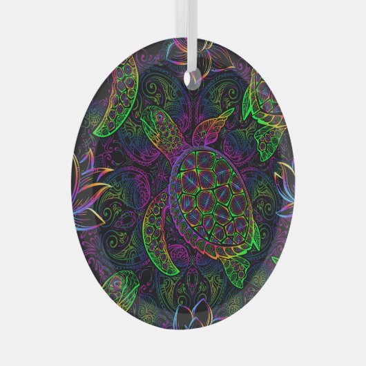 Boho Sea Turtle: Psychedelic Mandala Pattern Ornament Aus Glas (Vorderseite Rechts)