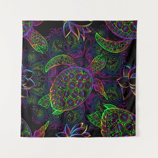 Boho Sea Turtle: Psychedelic Mandala Pattern Wandteppich (Vorderseite (Horizontal))