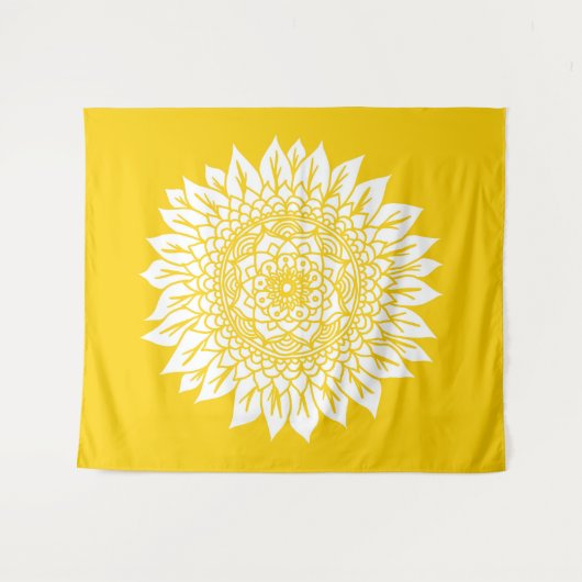 Boho Senf Gelbe Sonnenblume Mandala Wandteppich (Vorderseite (Horizontal))