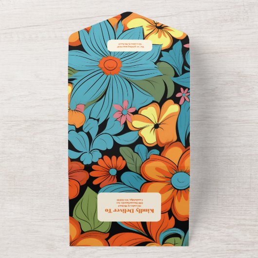 Boho Seventies Retro Floral Wedding All In One Einladung (Außenbereich)