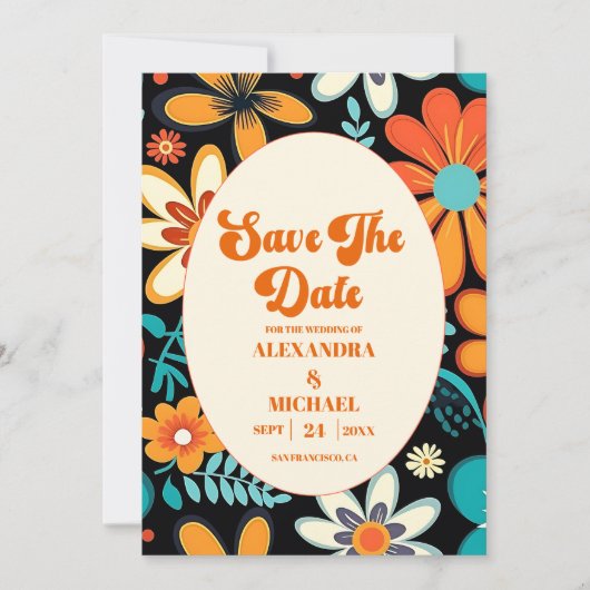 Boho Seventies Retro Floral Wedding Save The Date (Vorderseite)