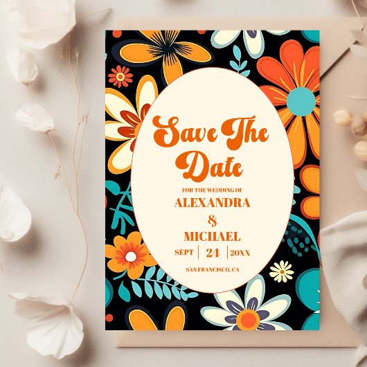 Boho Seventies Retro Floral Wedding Save The Date