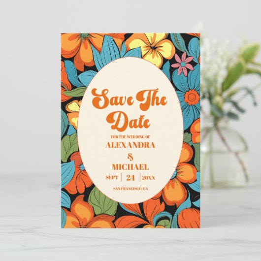 Boho Seventies Retro Floral Wedding Save The Date (Stehend Vorderseite)