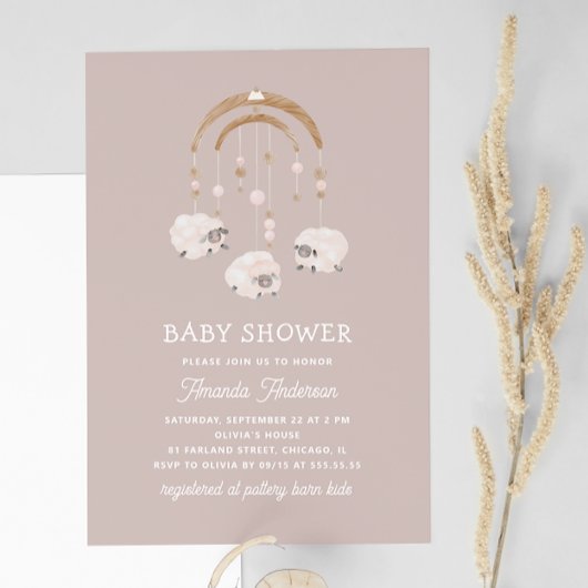 Boho Sheep Mobile | Light Mauve Soft Baby Dusche Einladung