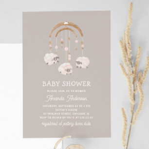 Boho Sheep Mobile   Warme graue, neutrale Babydusc Einladung