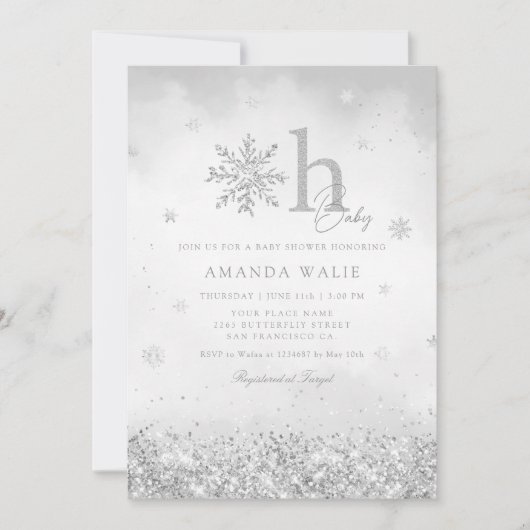 Boho Silver Glitzer Snowflake Winter Baby Dusche Einladung (Vorderseite)