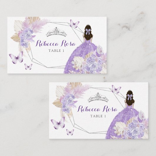 Boho Silver Lilac Floral Butterfly Quinceañera Platzkarte (Vorne/Hinten)