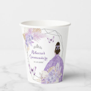 Boho Silver Purple Flowers Butterfly Quinceañera Pappbecher
