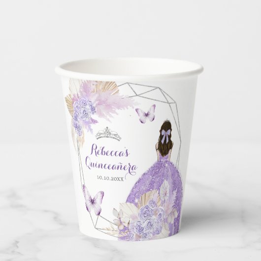 Boho Silver Purple Flowers Butterfly Quinceañera Pappbecher (Vorderseite)