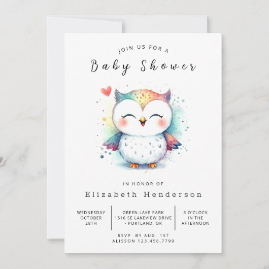 Boho Simple Owl Baby Dusche Einladung (Vorderseite)