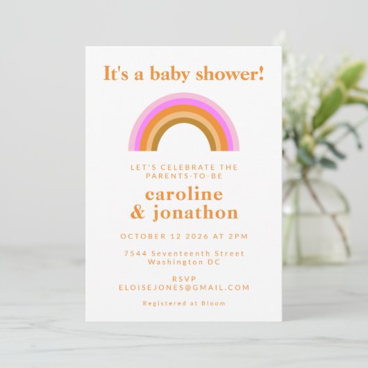 Boho Simple Pink Orange Rainbow Couple Baby Dusche Einladung (Stehend Vorderseite)