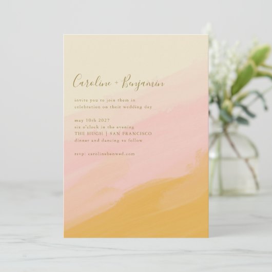 Boho Simple Watercolor Pink Yellow Script Wedding Einladung (Stehend Vorderseite)