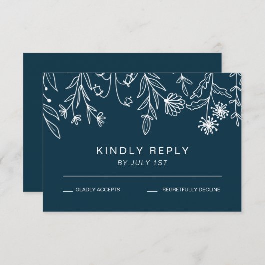 Boho Simple Wildblume Navy Blue Wedding RSVP Karte (Vorne/Hinten)